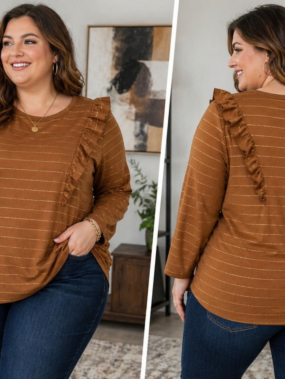 Terra & Sky Plus Size 1X Brown Metallic Stripe Ruffle Long Sleeve Top Contempora
